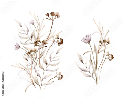 Watercolor set of floral delicate pastel vintage green violet purple brown bouquet. Hand drawn illustration isolated on white background. Flower and leaves composition for stationary or textile