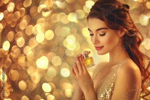 An elegant woman is holding a perfume bottle