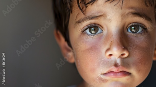 Child with a hemangioma on his cheek displaying a somber expression Impact of medical conditions on children photo