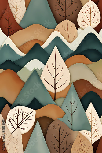 Abstract Nature Background with Organic Elements Including Leaves  Flowing Water  and Mountain Shapes in Vibrant Greens  Blues  and Earth Tones