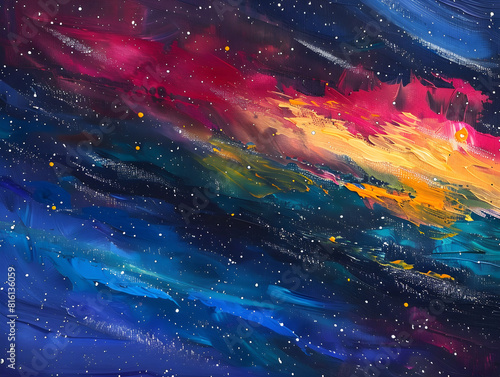 Abstract Cosmic Nebula Scene Art   Vibrant Deep Blues, Purples, Reds, Yellows   Bold Brushstrokes   Dynamic Space Composition   Luminous Gases & Distant Stars   Energetic Celestial Artwork © Marcos