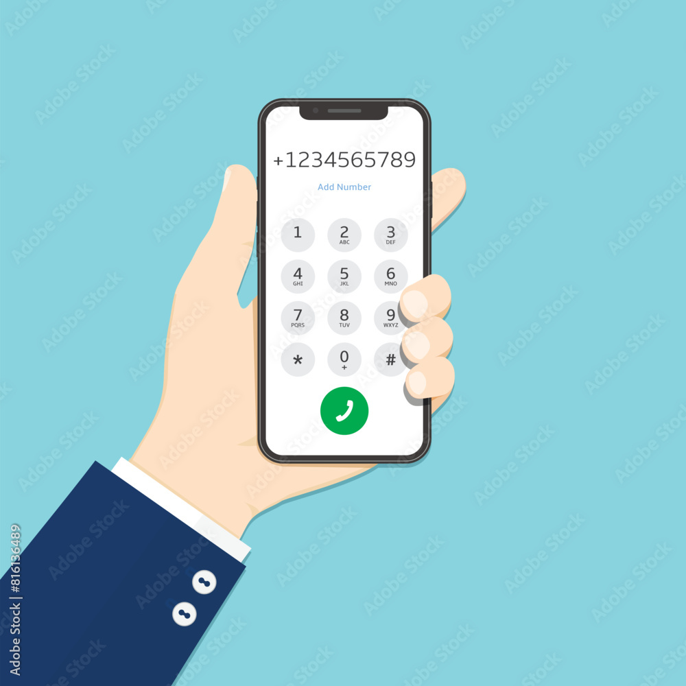Businessman hold smartphone in hand. Dialing numbers. Vector illustration, flat design. Businessman hold smartphone in hand. Dialing numbers. Vector illustration, flat design.