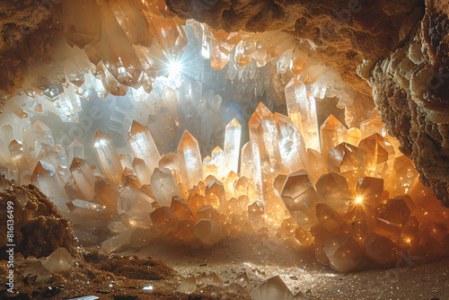 Crystal caves with lights that refract through transparent rocks, creating magical lighting effects photo