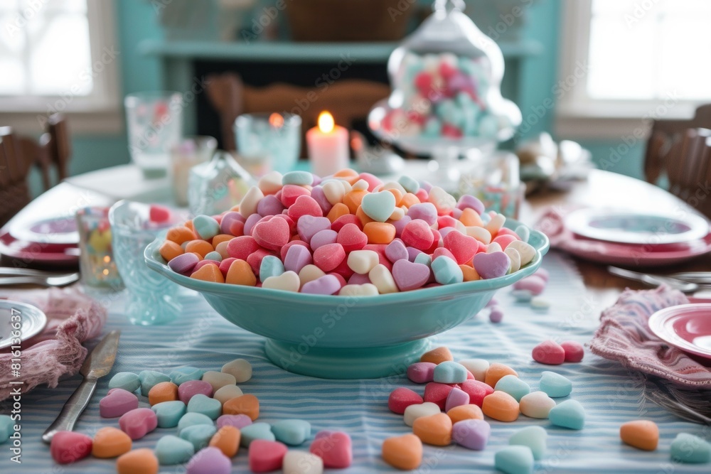 Colorful bowl of candies on a beautifully set table with soft candlelight Colorful bowl of candies on a beautifully set table with soft candlelight