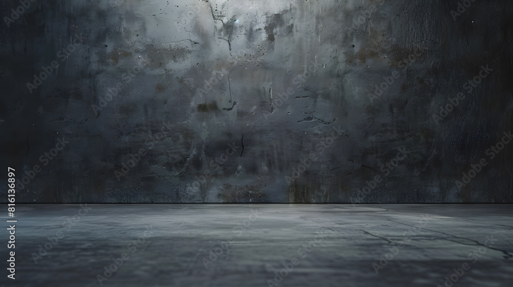 Wide dark concrete studio room background with low lighting for product display or mock up design empty three dimensional concrete room backdrop : Generative AI