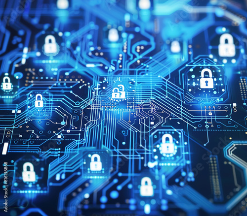 A blue circuit board with white padlock icons floating above it