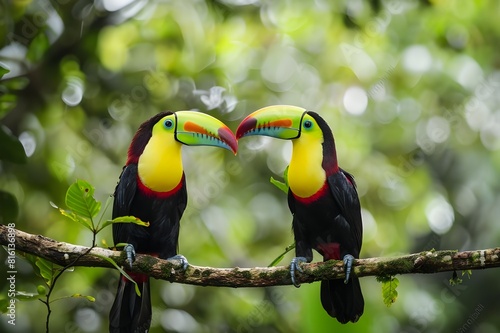  Toucan sitting on the branch in the forest, green vegetation, Costa Rica. Nature travel in central America. Two Keel-billed Toucan, Ramphastos