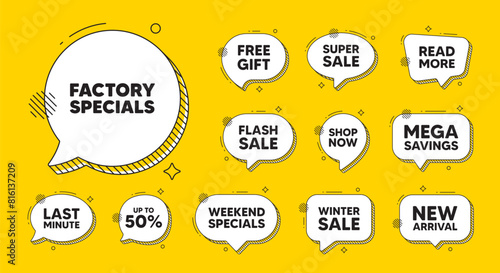 Offer speech bubble icons. Factory specials tag. Sale offer price sign. Advertising discounts symbol. Factory specials chat offer. Speech bubble discount banner. Text box balloon. Vector