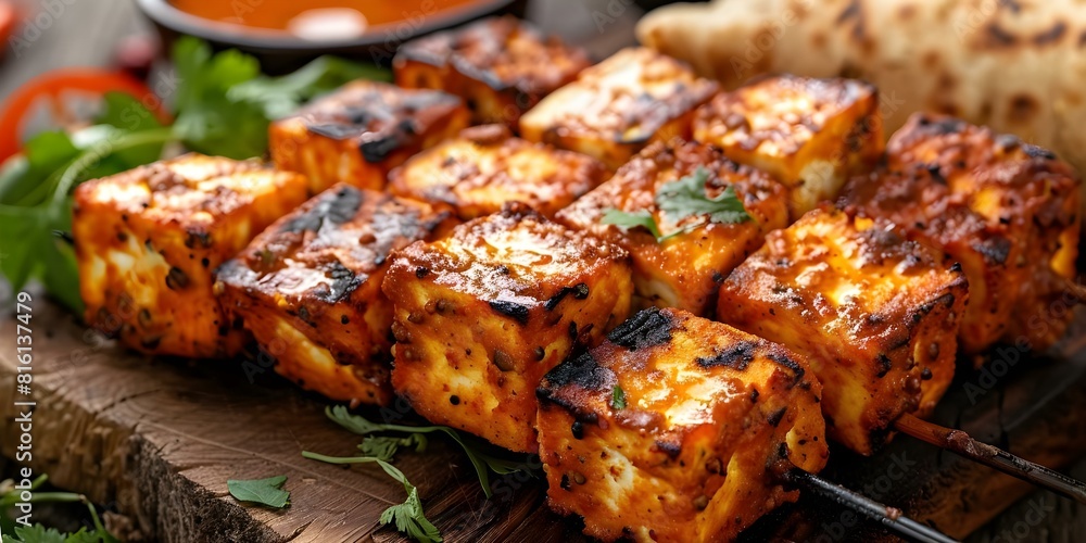 Vegetarian paneer tikka marinated paneer chunks grilled in tandoor with spices. Concept Vegetarian, Paneer, Tikka, Marinated, Grilled