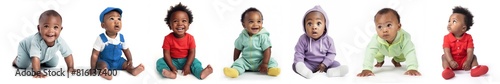 Group of black baby boy portraits with different poses, expressions, and outfits, each isolated on a white background. 