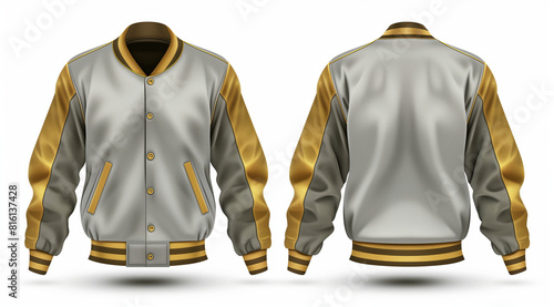 3D realistic baseball jacket, front and back view, silver with gold colored sleeves. White background, in the style of silver with gold colored sleeves.


