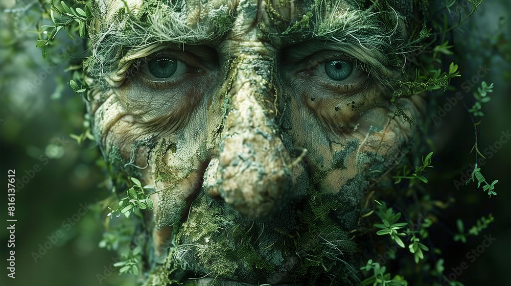 Close-up of a face covered in moss and small plants, blending with nature, creating a mystical and eerie appearance. Close-up of a face covered in moss and small plants, blending with nature, creating a mystical and eerie appearance.