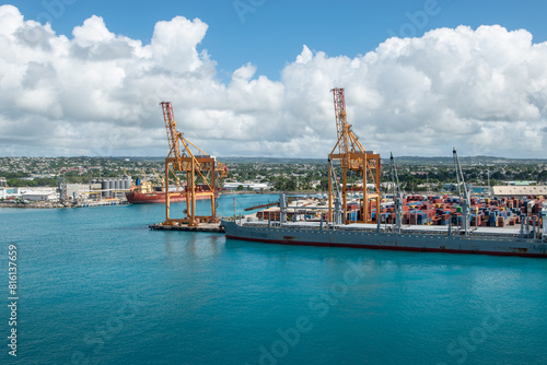 View of Bridgetown harbor with cargo ship, Barbados.