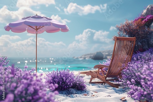 A sun chair with a lavender umbrella, the gentle sea breeze carrying the warmth of the sun