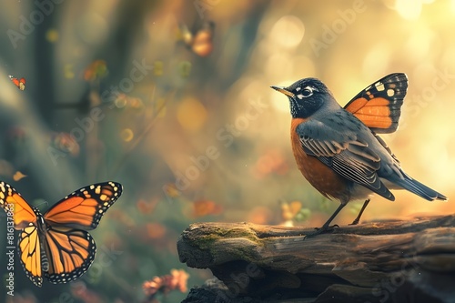 
Beautiful background image of a wild robin (Erithacus rubecula) with stunning colors and a monarch butterfly (Danaus plexippus) standing on a branch. photo