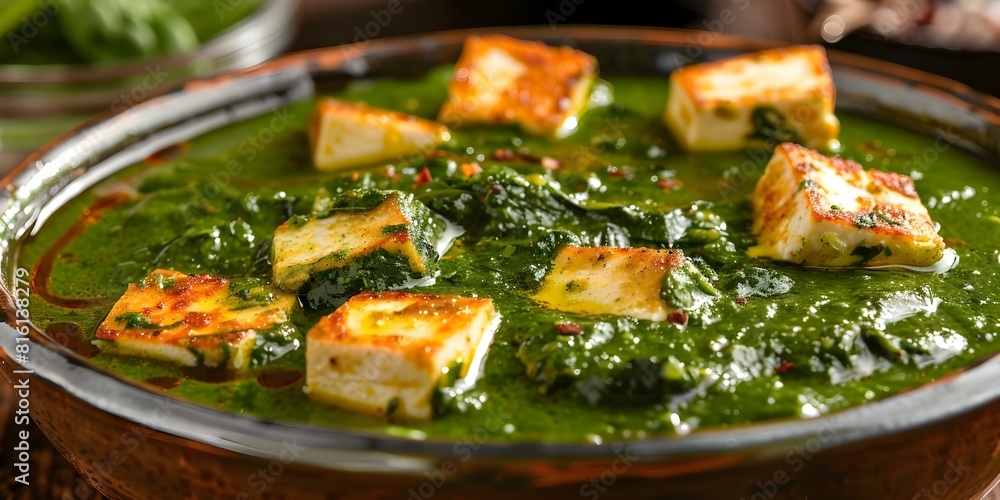 Closeup of Palak Paneer a traditional Punjabi spinach and cottage cheese curry. Concept Indian Cuisine, Vegetarian Recipes, Palak Paneer, Punjabi Dishes, Curry Recipes Closeup of Palak Paneer a traditional Punjabi spinach and cottage cheese curry. Concept Indian Cuisine, Vegetarian Recipes, Palak Paneer, Punjabi Dishes, Curry Recipes