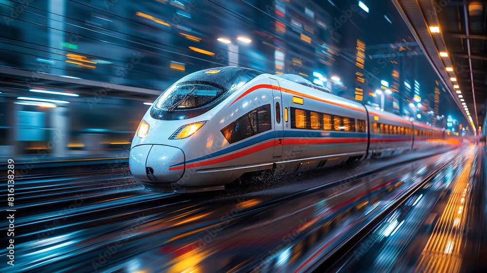 A train is driving through the city at night Generate AI A train is driving through the city at night Generate AI