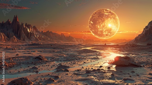 A large  glowing  orange planet is in the foreground of a desolate