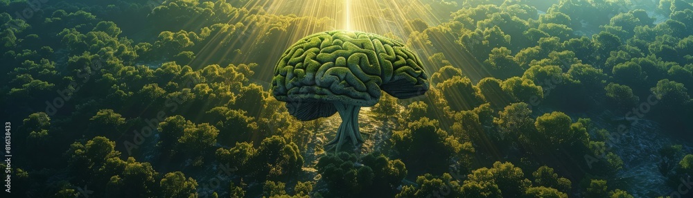 Conceptual artwork of a tree shaped like a brain, illuminated by light rays piercing through a dense forest, emphasizing enlightenment and learning Conceptual artwork of a tree shaped like a brain, illuminated by light rays piercing through a dense forest, emphasizing enlightenment and learning