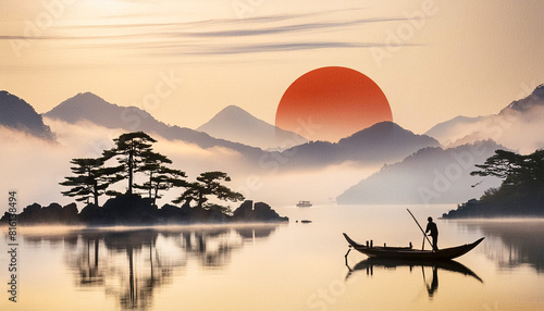 Sumi-e japanese watercolor sunrise lake with boat