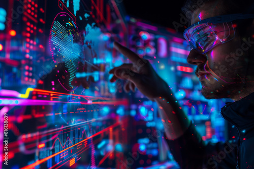 A man wearing goggles looks at a futuristic screen © MagnusCort