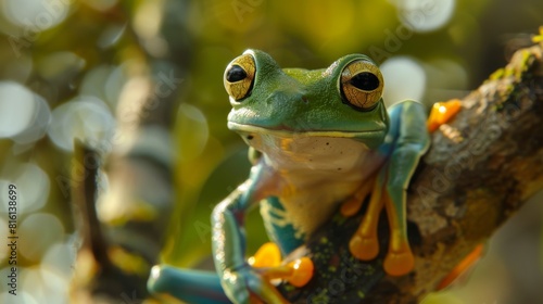 A green tree frog with contrasting orange limbs and big eyes looking ahead while perched on a branch