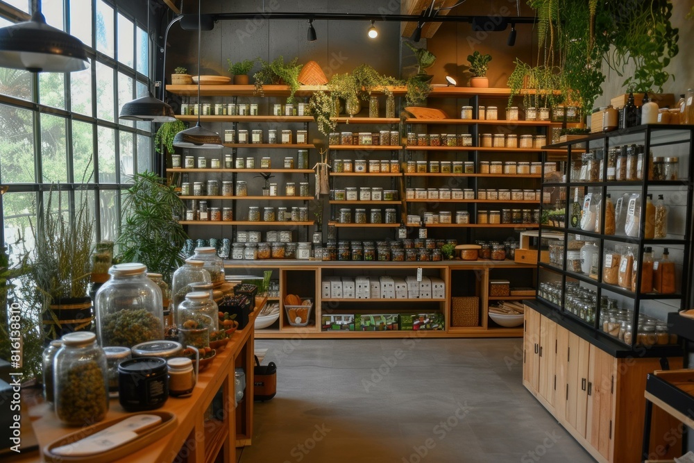 Stylish and sustainable zero waste store with shelves full of reusable containers and organic products