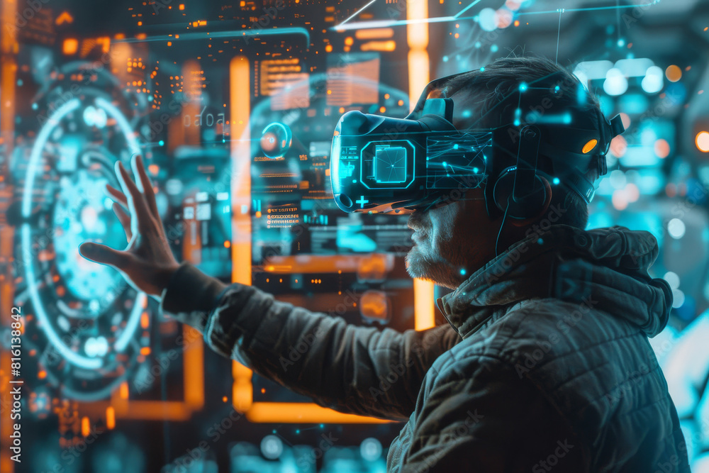 A man wearing a virtual reality headset is touching a screen A man wearing a virtual reality headset is touching a screen