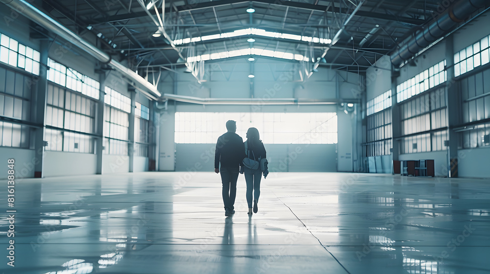 Couple walking through empty warehouse : Generative AI Couple walking through empty warehouse : Generative AI