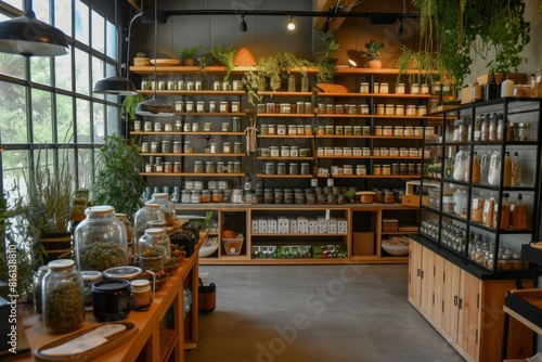 Stylish and sustainable zero waste store with shelves full of reusable containers and organic products