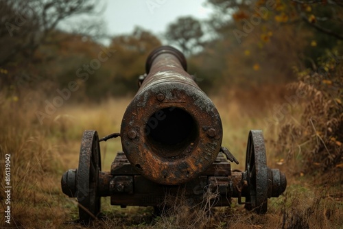 Old, rusty cannon sits abandoned in a serene autumnal field surrounded by fallen leaves