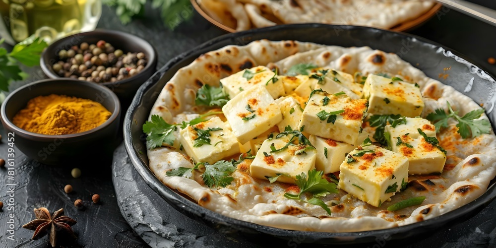 Classic Indian Meal: Butter Chapati, Paneer, and Aromatic Spices. Concept Indian Cuisine, Butter Chapati, Paneer, Aromatic Spices, Classic Meal Classic Indian Meal: Butter Chapati, Paneer, and Aromatic Spices. Concept Indian Cuisine, Butter Chapati, Paneer, Aromatic Spices, Classic Meal