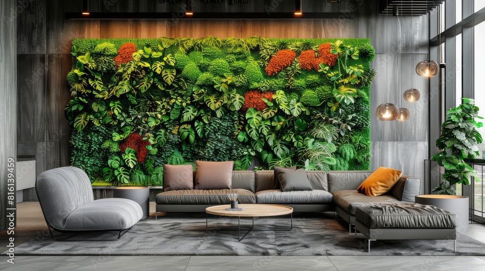 Contemporary office lounge with a vibrant living green wall, enhancing the workspace with lush vertical gardens, modern furniture under soft lighting