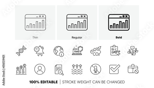 Checklist, Headshot and Evaporation line icons. Pack of Jobless, Co2, No microphone icon. Marketing statistics, Internet, Graph chart pictogram. Time management, Checkbox, Chemistry dna. Vector