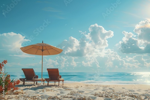 Embrace the scorching heat of summer as you recline in luxury on a sun chair beneath a designer umbrella on the sandy beach. photo