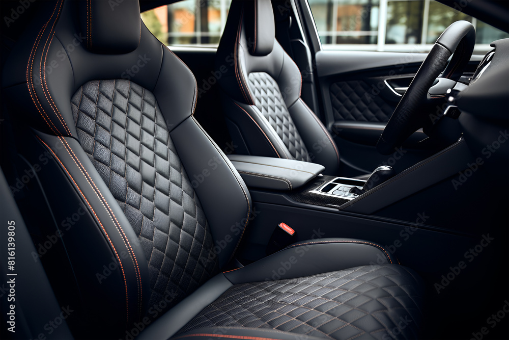 Luxury car inside. Interior of prestige modern car. Comfortable leather seats. Black perforated leather cockpit. Luxury car inside. Interior of prestige modern car. Comfortable leather seats. Black perforated leather cockpit.