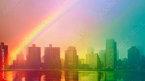 Majestic rainbow over urban skyline at sunset. A stunning natural rainbow arches over a bustling cityscape during a vibrant sunset, casting a spectrum of colors across the sky. AI generative. © Lull