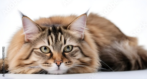 Focused view of a relaxed cat lying down, with every detail of its fur and expression clearly visible against a white background