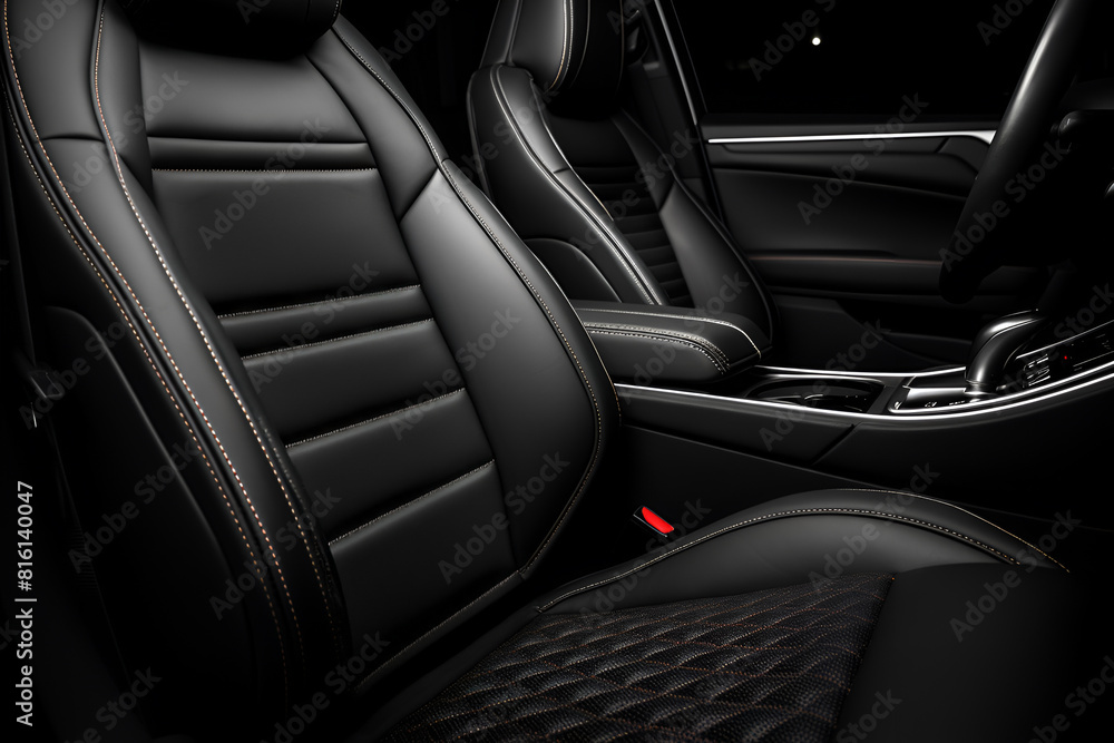 Luxury car inside. Interior of prestige modern car. Comfortable leather seats. Black perforated leather cockpit.
