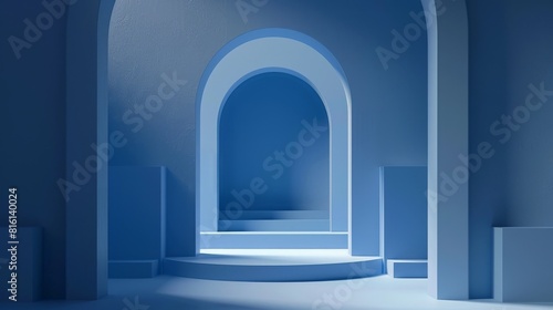 Abstract Blue Geometric Shape Podium Modern Minimalist 3D  for Cosmetic Display or Showcase