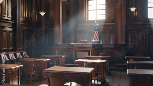 Empty American Style Courtroom Supreme Court of Law and Justice Trial Stand Courthouse Before Civil Case Hearing Starts Grand Wooden Interior with Judges Bench Defendants and Plaintiff : Generative AI photo