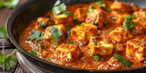 A Close-Up of Traditional and Flavorful Indian Paneer Butter Masala in a Pan. Concept Indian Cuisine, Paneer Butter Masala, Close-Up, Traditional Cooking, Flavorful Dish photo