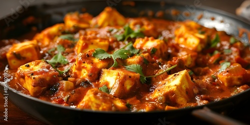 Authentic and Flavorful Closeup of Indian Paneer Butter Masala in a Pan. Concept Food Photography, Paneer Butter Masala, Closeup Shot, Indian Cuisine, Cooking Scene photo