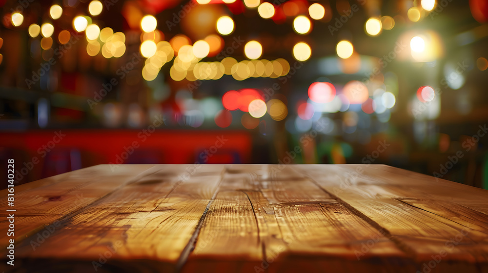 Empty wooden table top with lights bokeh on blur restaurant background : Generative AI Empty wooden table top with lights bokeh on blur restaurant background : Generative AI