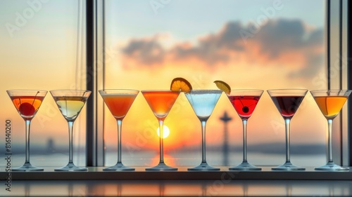 Cocktails in Martini Glasses with Sunset Background