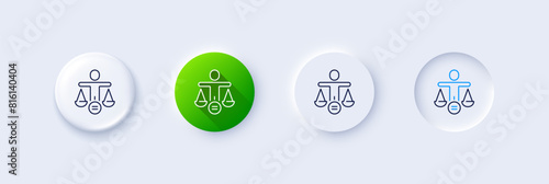 Equality line icon. Neumorphic, Green gradient, 3d pin buttons. Gender ethics sign. Equal scales balance symbol. Line icons. Neumorphic buttons with outline signs. Vector