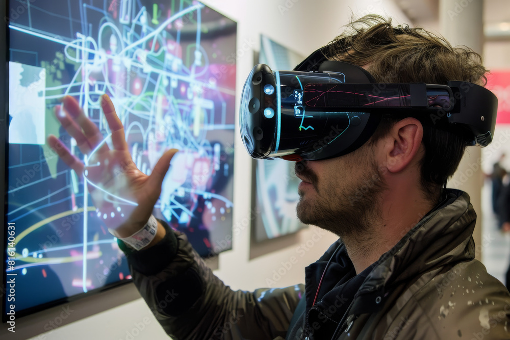 A man wearing a virtual reality headset is touching a screen A man wearing a virtual reality headset is touching a screen