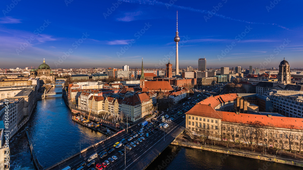 Berlin Aerial View Germany Cityscape with TV Tower and Spree River, Historic Urban Skyline