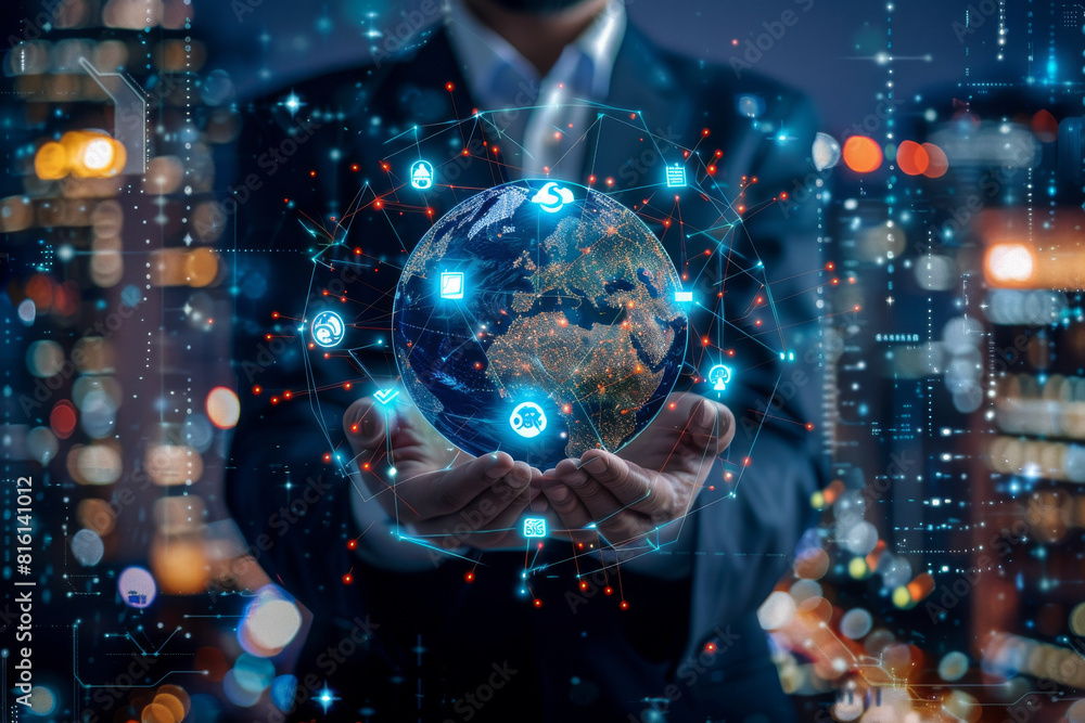 Obraz premium A man in a suit is holding a globe in his hands