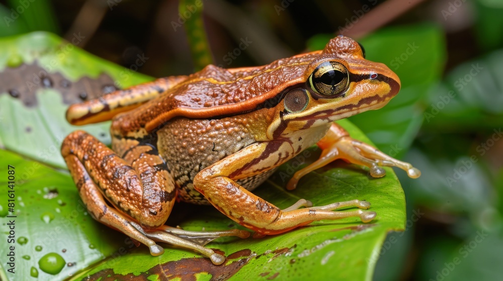 Fototapeta premium A close-up image of a vibrant orange frog with distinctive patterns resting on a wet green leaf spotlighting nature's diversity